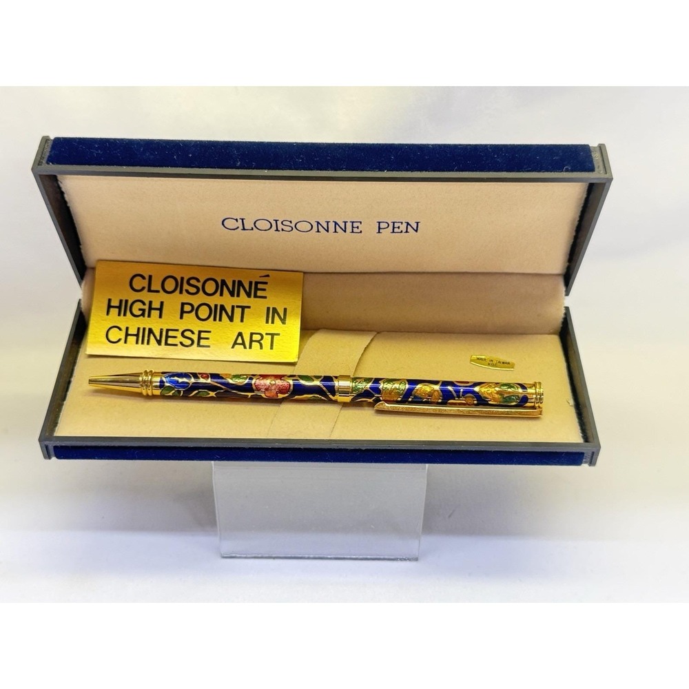 Chinese Blue & Floral Cloisonné Art Ballpoint Pen With Box Black Ink 1980's VTG